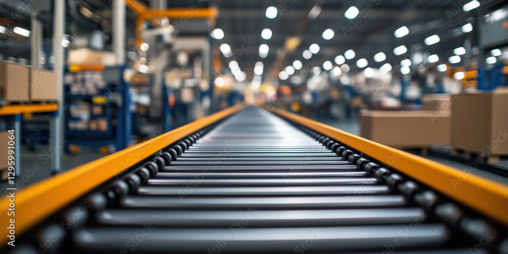 Conveyor system in industrial warehouse with metal rollers and boxes Conveyor system in industrial warehouse with metal rollers and boxes