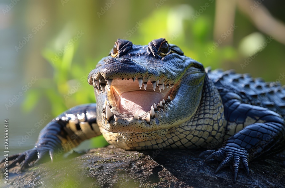 Obraz premium Close-up View of an Alligator Displaying Teeth and Opening Mouth While Resting on a Rock by Water Surrounded by Lush Greenery in a Natural Habitat