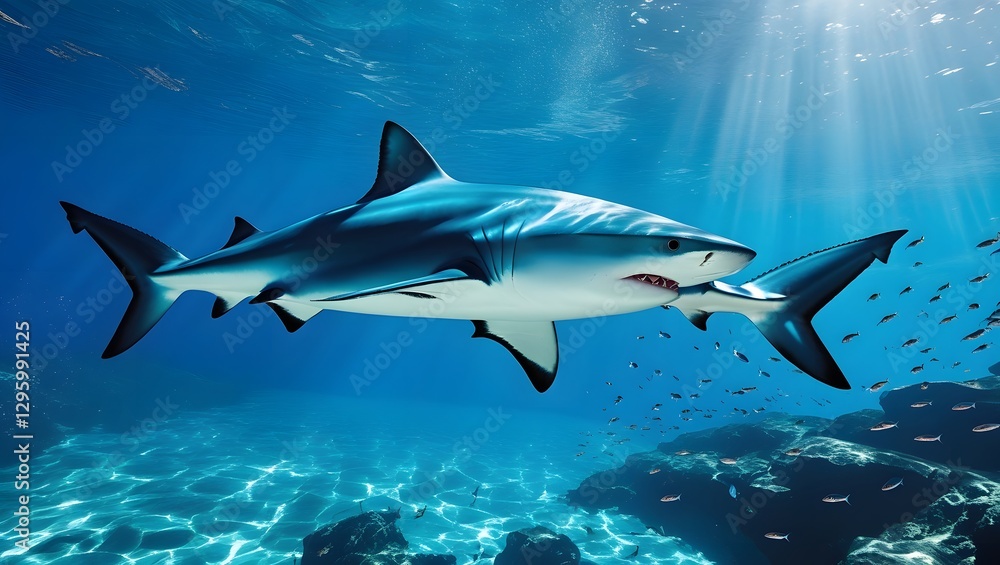 Obraz premium Majestic Blue Shark Swimming Serenely in the Pristine Ocean