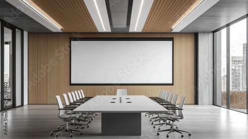Large conference room with a white board and a long table with many chairs
