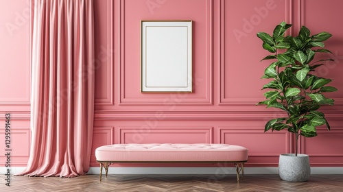 Pink room with a white framed picture on the wall and a pink couch