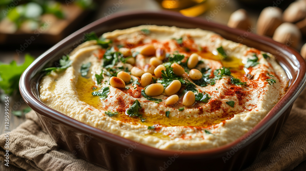 Smooth and creamy hummus in a square dish with paprika, pine nuts, and olive oil Smooth and creamy hummus in a square dish with paprika, pine nuts, and olive oil