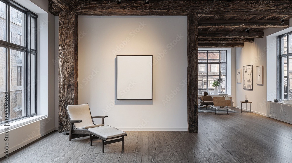 Fototapeta premium Large room with a white wall and a white framed picture
