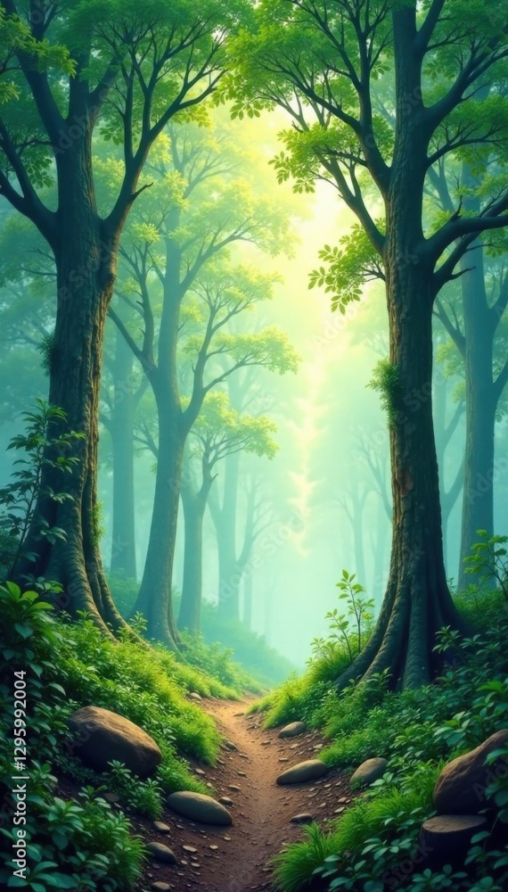 Naklejka premium Misty forest with watercolor trees and foliage, trees, watercolor, misty