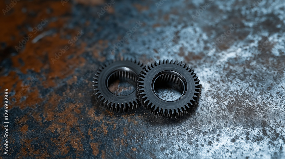 An industrial close-up of detailed transmission gears with fine-cut teeth, placed on a metallic surface for technical examination. An industrial close-up of detailed transmission gears with fine-cut teeth, placed on a metallic surface for technical examination.