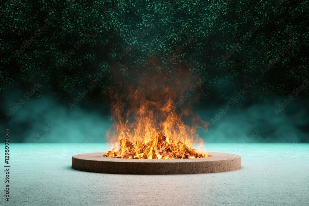 Flames dance fiercely atop circular platform, surrounded by an e Flames dance fiercely atop circular platform, surrounded by an e