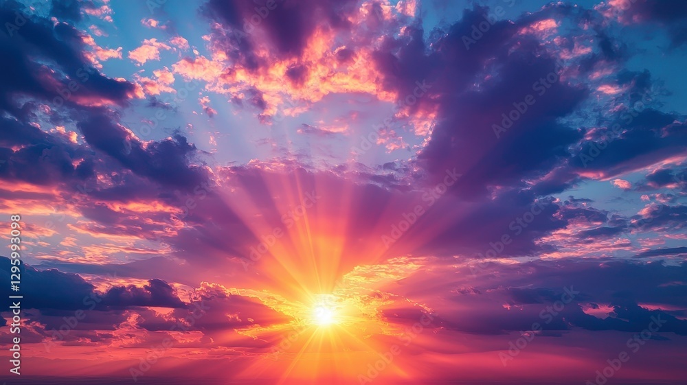 Fototapeta premium A stunning sunset with vibrant colors illuminating the sky, radiating warmth and beauty through fluffy clouds.