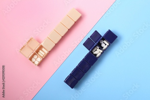 Weekly pill organizers in pastel colors on contrasting backgrounds are filled with various medications and supplements