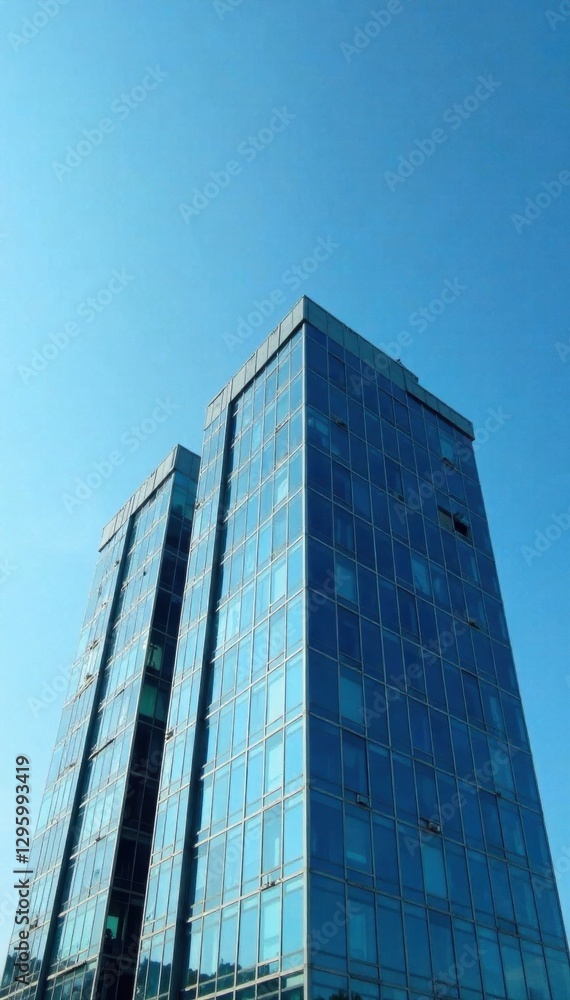 Modern office building with glass facade on a clear blue sky background, aerial view, sunlight, day light Modern office building with glass facade on a clear blue sky background, aerial view, sunlight, day light