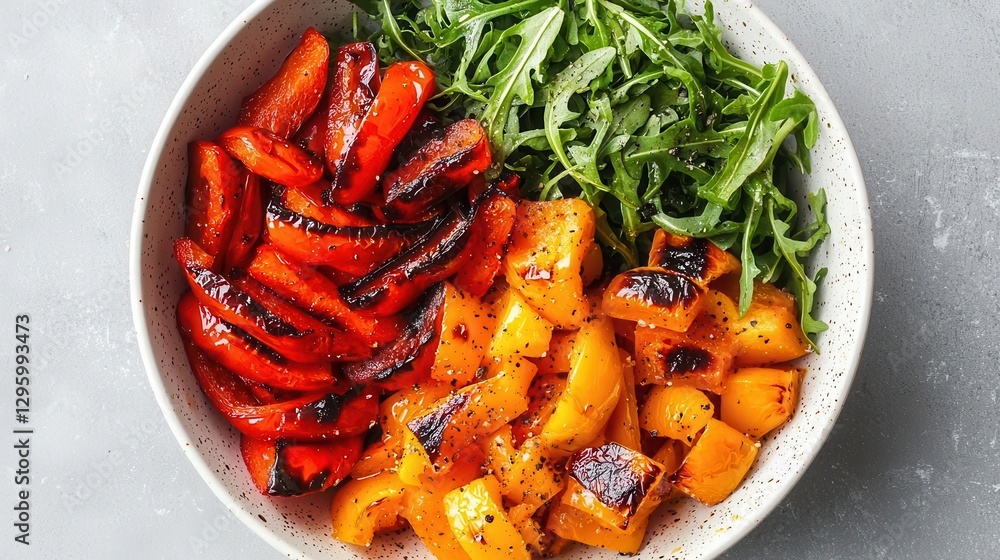 Roasted Red and Yellow Peppers with Arugula Salad in Bowl Roasted Red and Yellow Peppers with Arugula Salad in Bowl