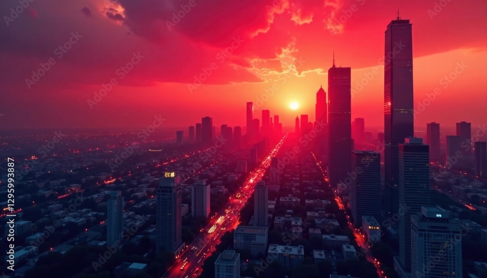 Fototapeta premium Moody urban landscape with bold red skyscrapers at sunset, moody, orange, red