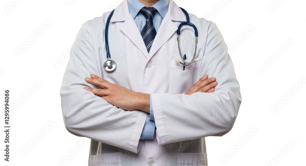 Isolated Doctor in White Coat with Stethoscope, Ready for Medical Examination Isolated Doctor in White Coat with Stethoscope, Ready for Medical Examination