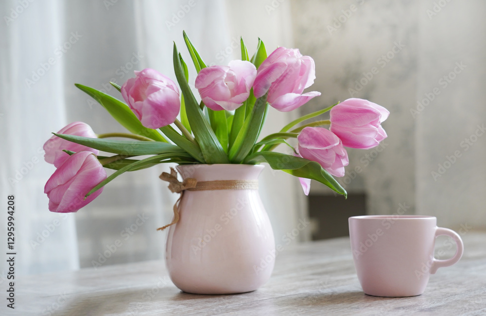 Obraz premium Fresh pink tulip flowers bouquet and pink cup of coffee. On white wooden table. White spring interior