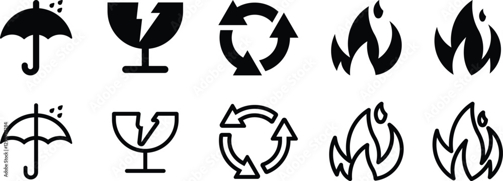 Packaging Label Icon Set. Rain Save Icon and Glass Save Icon Also Fire Saving Icon. Packaging Label Icon Set. Rain Save Icon and Glass Save Icon Also Fire Saving Icon.