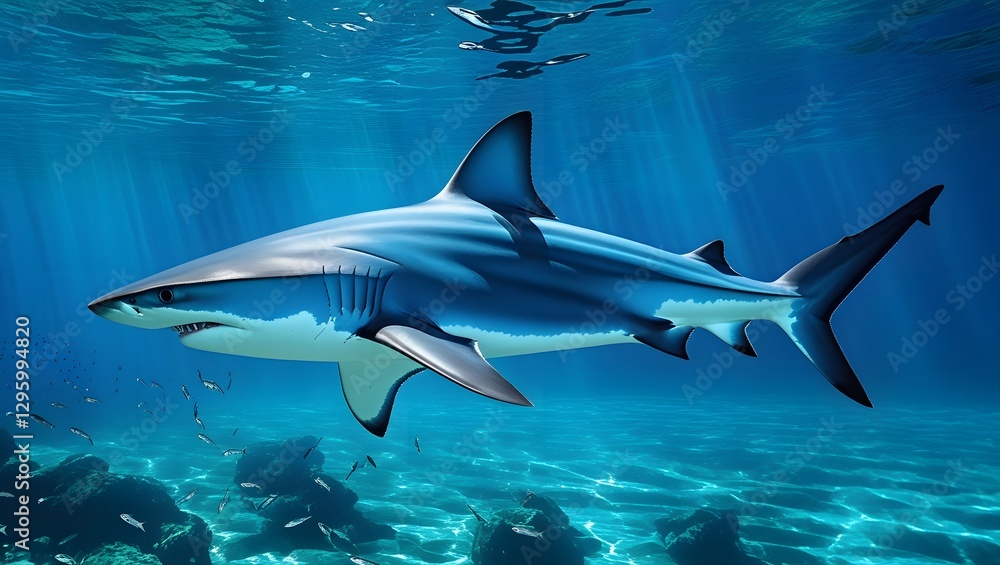 Fototapeta premium Blue Shark Moving Elegantly Through the Deep, Clear Ocean Waters