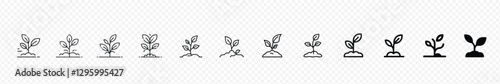Plant Growth Stages Line Icons Set: Seedling to Mature Plant Progression, Seedling to grow up plant icon set