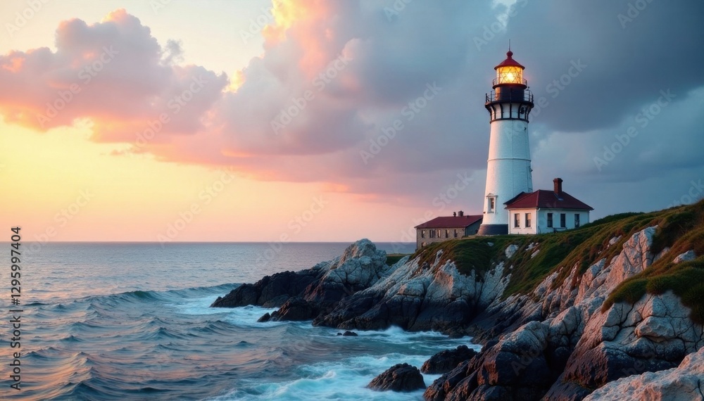 Naklejka premium Nautical lighthouse standing alone on rocky coastline, rock, lighthouse, sea