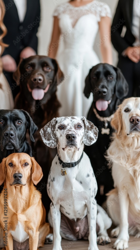 Dogs in front of bride and groom with bridesmaids and groomsmen in background. National Purebred Dog Day Dogs in front of bride and groom with bridesmaids and groomsmen in background. National Purebred Dog Day