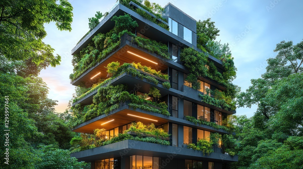 Verdant apartment building at dusk in a park Verdant apartment building at dusk in a park
