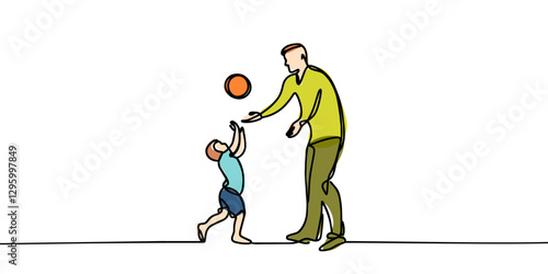 One single line drawing young dad running and playing football soccer with his son in public field park vector graphic illustration. Happy family parenting concept. Modern continuous line draw design