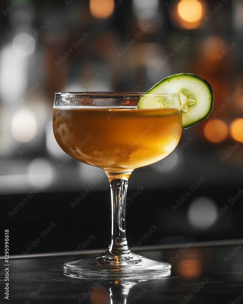 Refreshing cocktail in coupe glass with a crisp cucumber garnish on bar. Refreshing cocktail in coupe glass with a crisp cucumber garnish on bar.