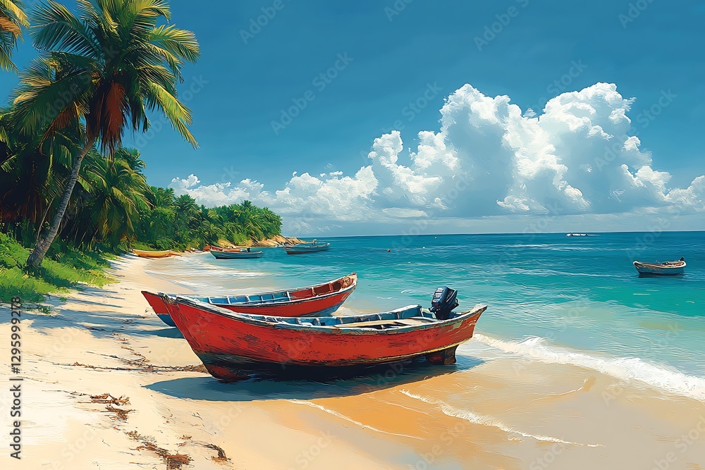 Peaceful Sunset on a Tropical Beach with Boats Peaceful Sunset on a Tropical Beach with Boats