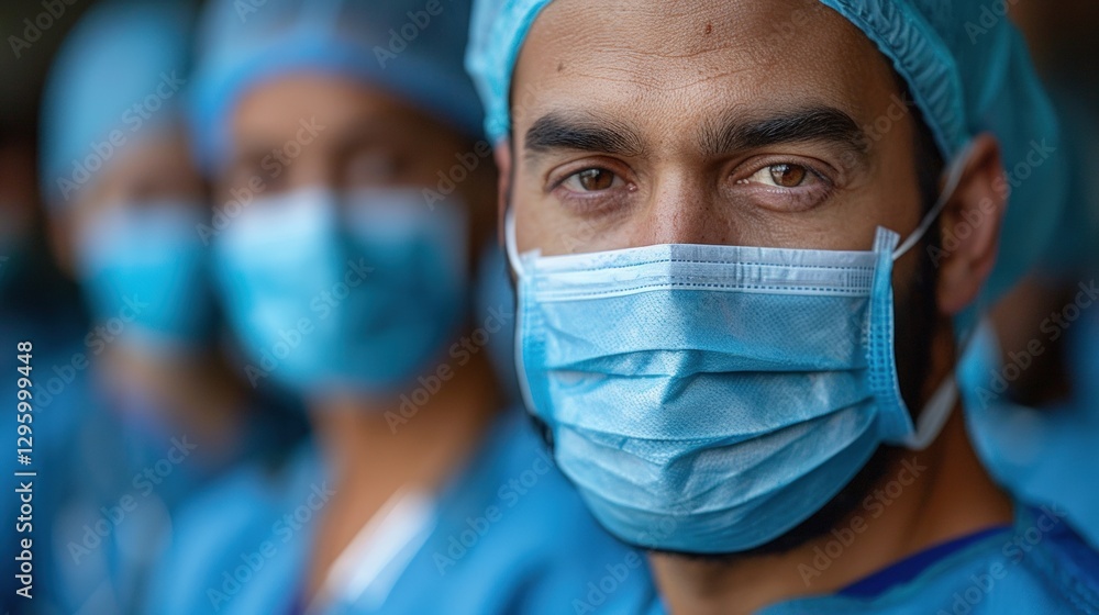 Group of healthcare professionals in surgical attire focused on patient care in a hospital setting Group of healthcare professionals in surgical attire focused on patient care in a hospital setting