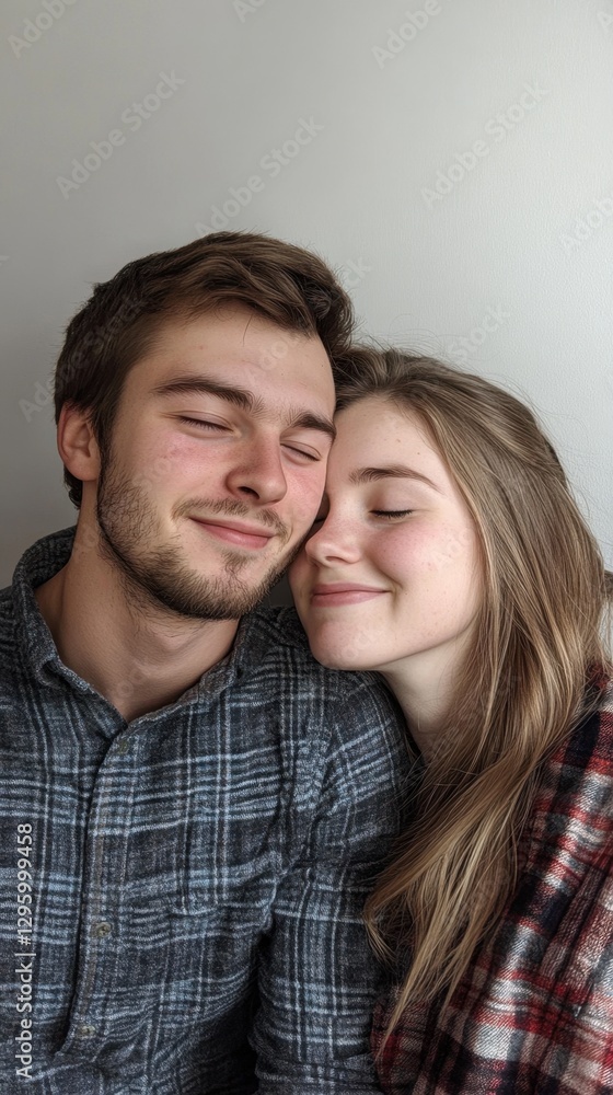 Happy young caucasian couple embracing with eyes closed in plaid shirts Date Your Mate Month Happy young caucasian couple embracing with eyes closed in plaid shirts Date Your Mate Month