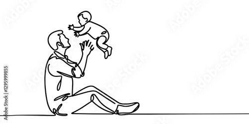 Continuous line drawing. Father holding happy son up in air. Vector illustration