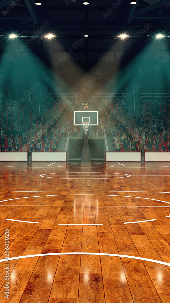 Fototapeta premium Wide-angle of professional indoor basketball arena with wooden court glowing spotlights illuminate stadium with cheering crowd in stands. 3D render. Concept of tournament, playoffs, slam dunk, team.