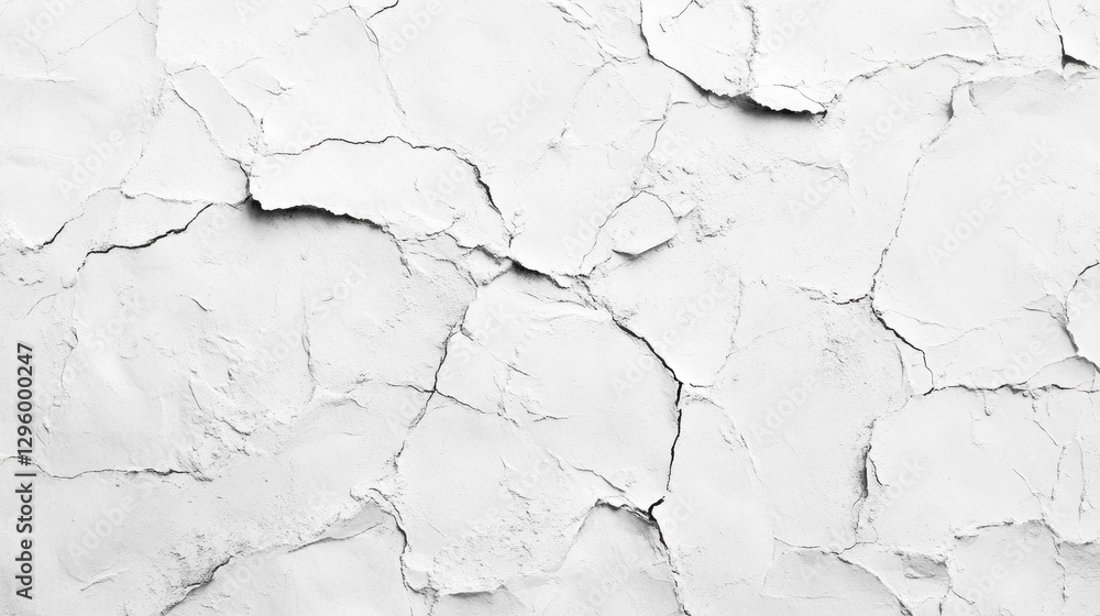 A weathered wall characterized by cracked, peeling plaster showcases a tapestry of textures and shapes. Sunlight pours in, highlighting each crevice and detail