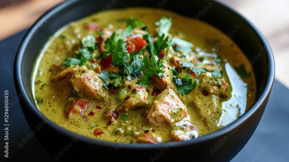 Creamy chicken curry garnished with cilantro and tomatoes in black bowl Creamy chicken curry garnished with cilantro and tomatoes in black bowl