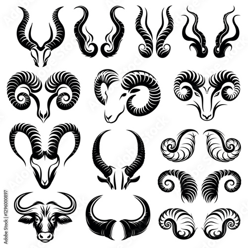 set of icons of black silhouettes of horns of different animals