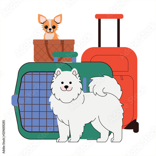 pet travel. Cute Samoyed dog standing near a pet carrier, with a Chihuahua in a travel bag and suitcases in the background. Perfect for pet transport. Vector illustration