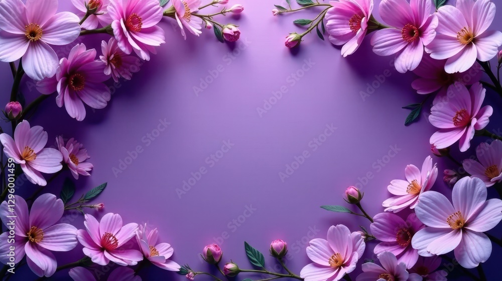 Delicate Pink Cosmos Flowers Frame a Lavender Background, Perfect for Elegant Designs and Invitations Delicate Pink Cosmos Flowers Frame a Lavender Background, Perfect for Elegant Designs and Invitations