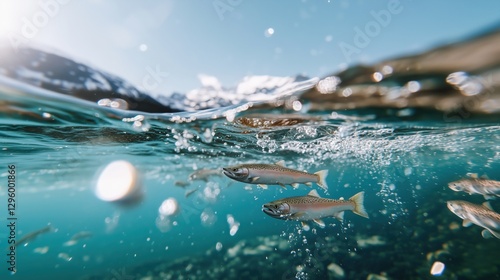 A split-view of salmon swimming in clear Arctic waters with snowy mountains in the background. Perfect for themes of aquaculture and nature. Generative by Ai