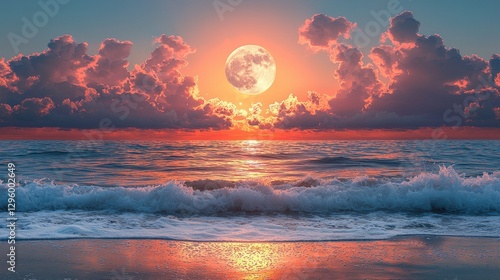 Fototapeta Naklejka Na Ścianę i Meble -  Horizon, clouds and full moon by ocean with sunset for peace