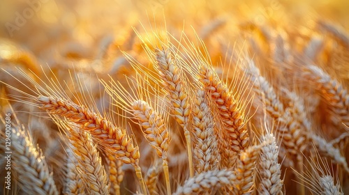 Field of wheat in sunny day, close up of ripening wheat ears, crops field, rural landscape photo