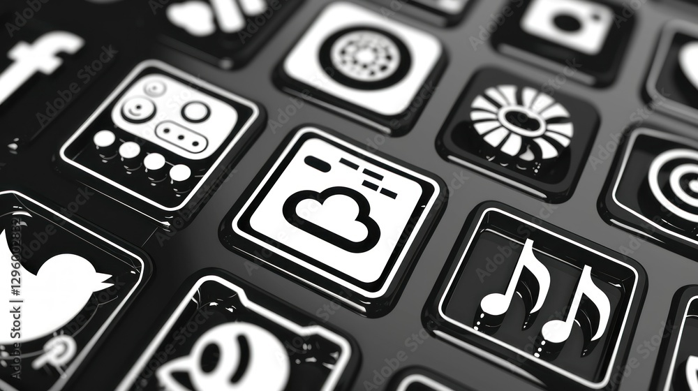 A collection of computer graphic icons in black and white for various apps.