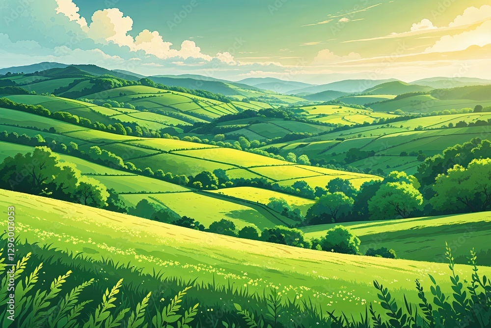 Fototapeta premium Serene Green Landscape Artwork Featuring Rolling Hills and Peaceful Views