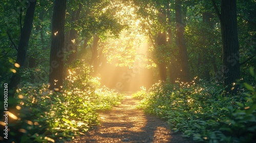 Serene sunlit forest with lush green undergrowth, peaceful woodland landscape