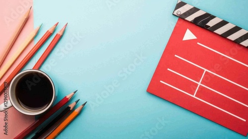 Creative Workspace with Colorful Pencils and Coffee Cup on Table