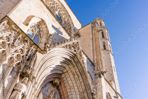 Photography Detail of the facade of Santa Maria del Mar Basilica in Barcelona, Spain