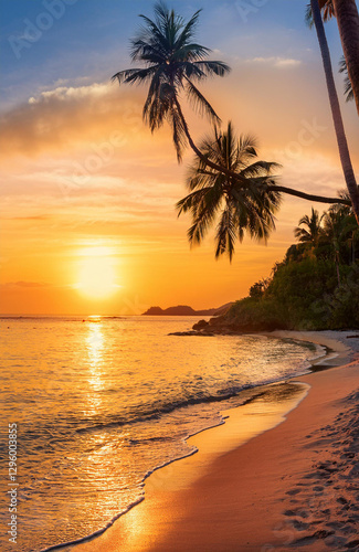 Fototapeta Naklejka Na Ścianę i Meble -  Sandy beach with coconut palm trees in the turquoise sea on paradise island. Royalty high-quality free best stock of panoramic sunrise landscape. Inspire tropical seascape horizon, summer vacation
