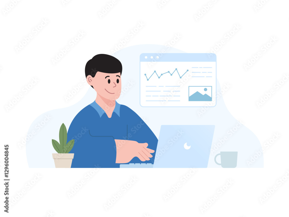 Illustration of a person with a laptop. businessman flat design. digital marketing illustration. web designer. modern minimalist design Illustration of a person with a laptop. businessman flat design. digital marketing illustration. web designer. modern minimalist design