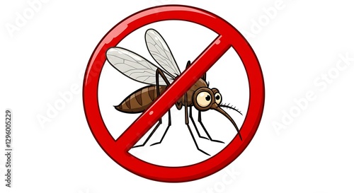  A fun cartoon mosquito is crossed out by a bold red circle creating a playful yet effective no-mosquitoes sign perfect for summer health campaigns or pest control marketing