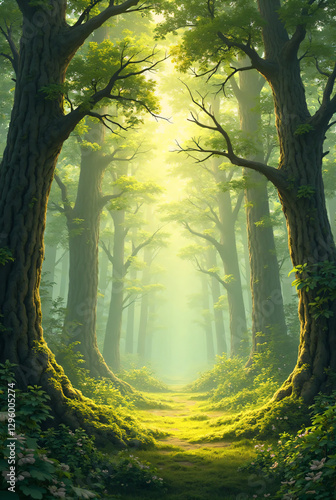 Illustration of a lighted forest path. A single path