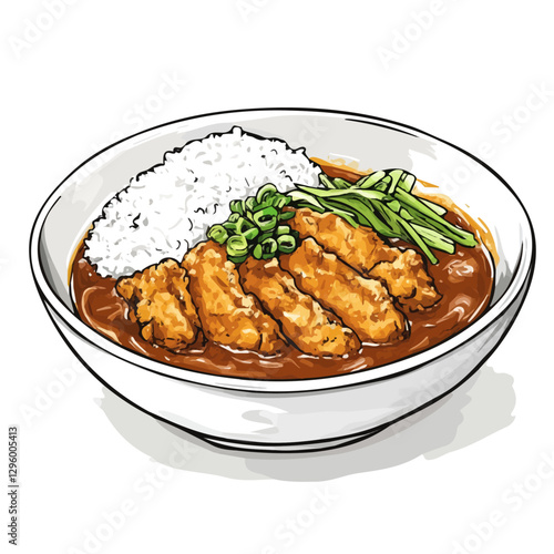 Katsu curry minimalist 2D vector graphic illustration sketch on a white background.

