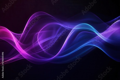 flowing abstract waves in deep blue and violet, shimmering gradients, cosmic glow, fluid motion, dark backdrop, evoking mystery and futuristic elegance.