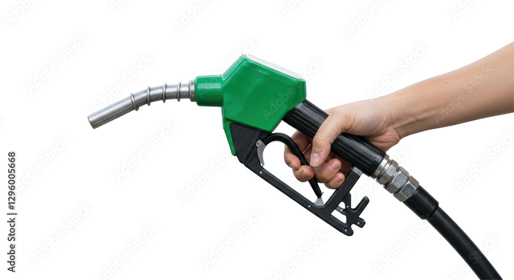 Isolated Hand Holding a Green Fuel Nozzle Isolated Hand Holding a Green Fuel Nozzle